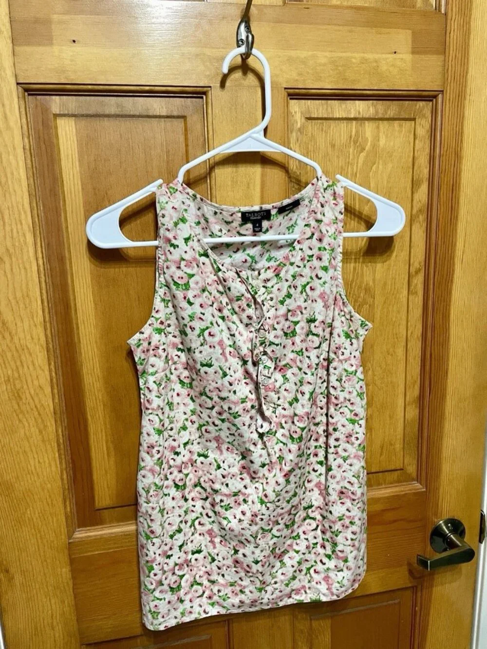 Talbots Stretch Floral Sleeveless Top Smocked Back Girly Ruffle Button Front, 4 - Picture 1 of 6